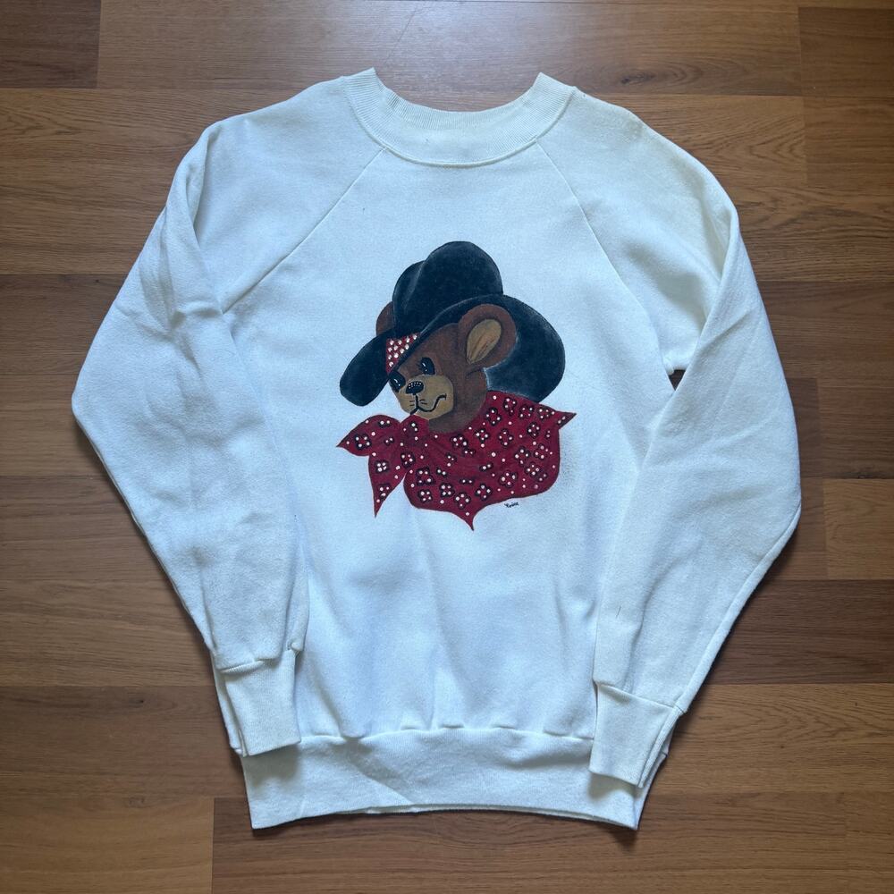 Vintage 80's Hand Painted Teddy Bear Cowboy White Crewneck Sweatshirt Sz Medium